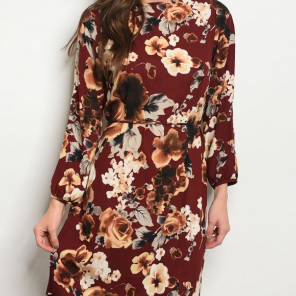 LAST 1! Fall floral burgundy long sleeve dress - Picture 2 of 4